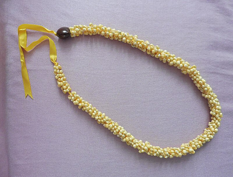HAWAIIAN YELLOW MONGO SHELL NECKLACE with KUKUI Nut