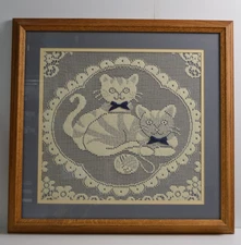 Vintage Filet Crochet Framed Wall Art Finished Bowtie Cats "Purrfectly Content"