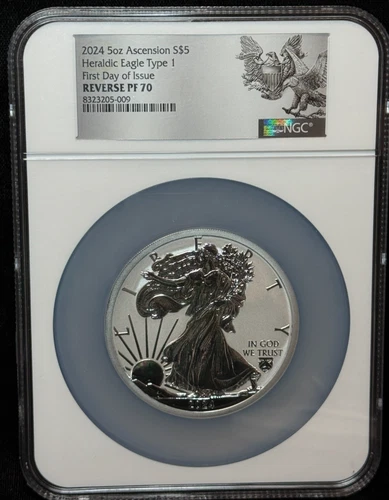 NGC Reverse PF70 2024 Ascension Island $5 Heraldic Eagle Ty1 5oz 999 Silver Coin