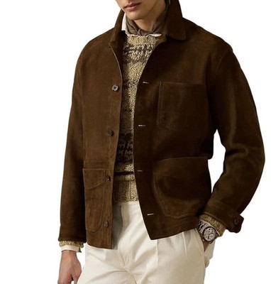 Men Brown Pure Suede Leather Jacket Slim Fit Trucker Jacket Custom Size  SX - XL