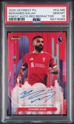 2025/26 Topps Finest Premier League Mohamed Salah Red Refractor Auto /5 PSA 10