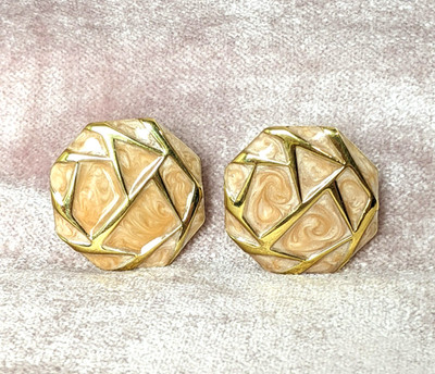 Vintage MONET Octagonal Stud Earrings Peach Marbled Enamel Go