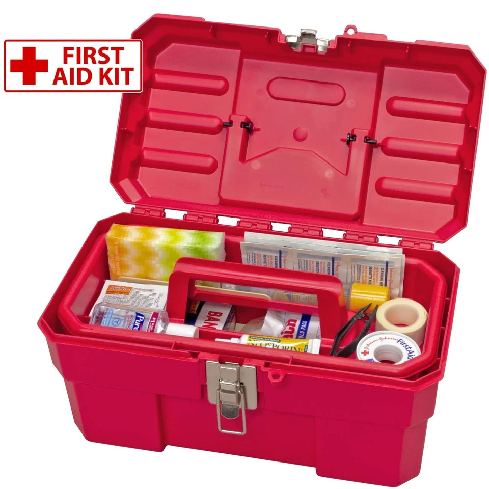 Plastic Toolbox with Removable Tray for Tools, Crafts, 14x8x8 Inches, Red - Image 3 of 4