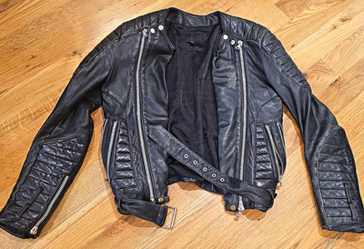Genuine leather moto jacket, tag reads ''Echtes Leder'' German for genuine leather