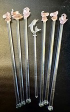 6 Vintage Pink Elephant Delicate Glass Cocktail Swizzle Sticks Stirrers +Dolphin