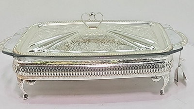 VTG Maxwell Queen Anne Oven To Table Serving Dish Silver Plated Pyrex England