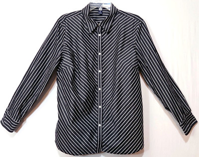 Chaps Woman Button Up Long Sleeve Blouse Black White Striped Semi-Fitted Size 1X