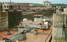 NY, Waterford, New York, River Barge Leaving Locks on Mohawk River, Curteichp
