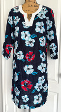 Talbots Dress 3/4 Sleeve Blue Floral Hawaiian Beaded V-Neck Linen Medium Shift