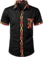 Men African Printed Patchwork Design Short Sleeve Button up Shirt
