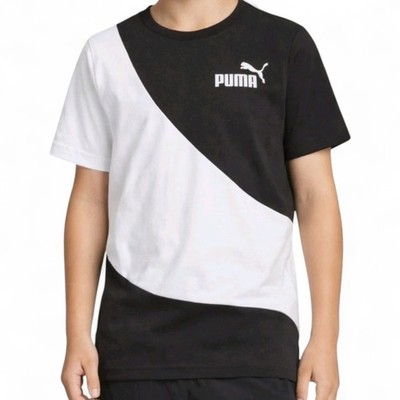 Puma T-Shirt Kinder 128 Schwarz Weiß Kurzarm Shirt Power Cat Crewneck Streetwear