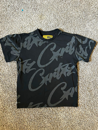 Corteiz Guerillaz Allover Logo Graphic Tee - Black/Gray (Size S)