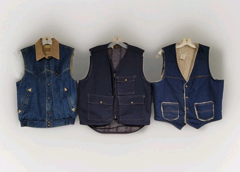 LOT OF 6 VINTAGE DENIM VESTS SHERPA QUILT LINED WESTERN LEE STORMRIDER WRANGLER - Image 4 of 4