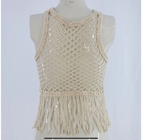 Zara Macrame Crochet Top Blouse Fringed Boho Sleeveless Ecru Sheer Bloggers Fav - Picture 10 of 11