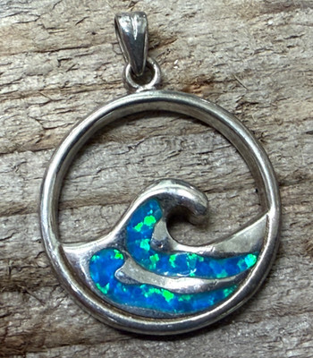 925 Sterling Silver Rhodium Hawaiian Ocean Crest Wave Blue Opal