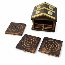 Solid Oak Wood Coasters 6pc Set with Holder Round Wooden Drink Coaster Tabletop