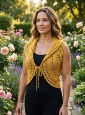 crochet womans handmade boho vest top festival shrug M/L autumn yellow new