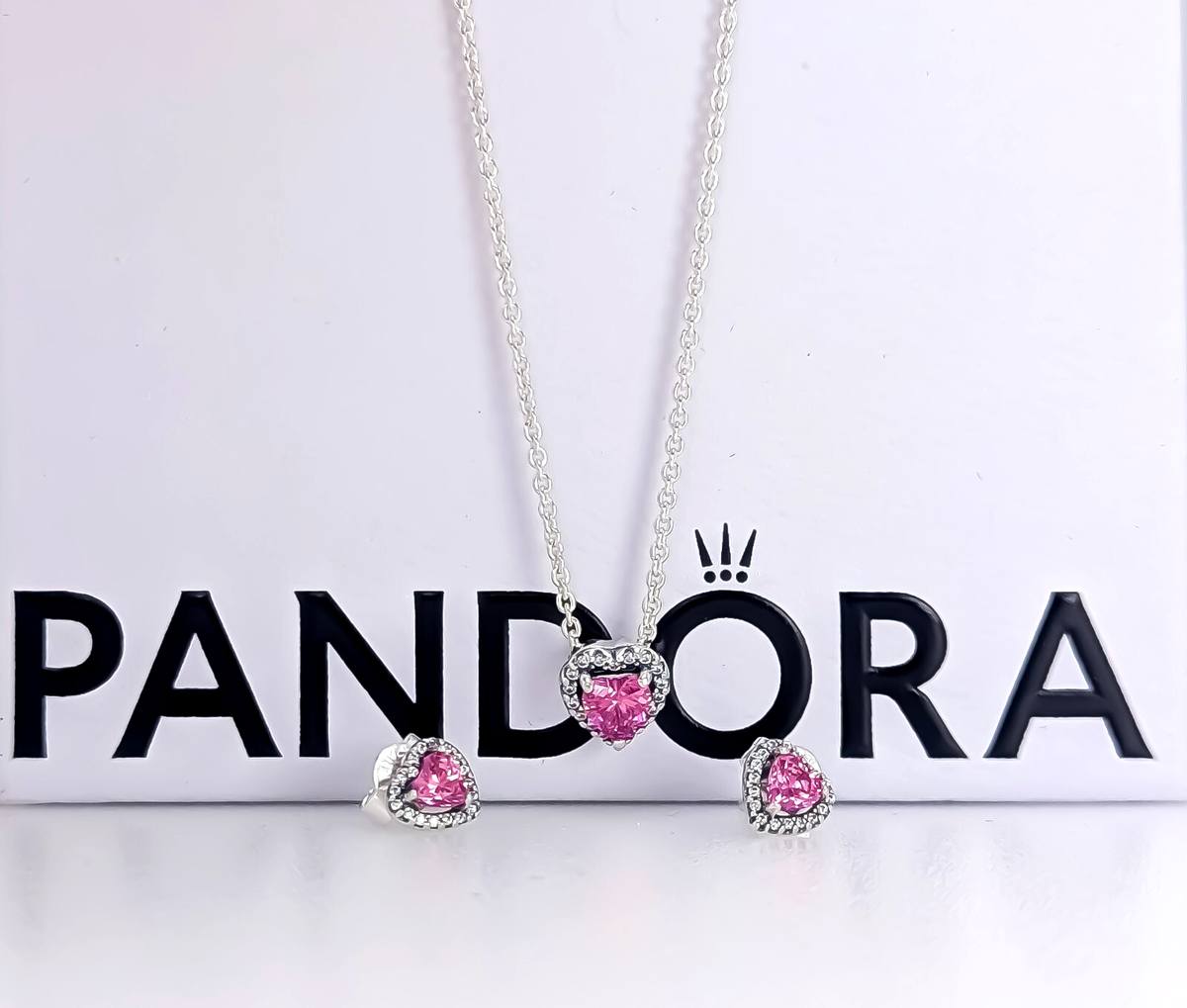 New 100% PANDORA 925 Pink Pave Heart Necklace Earrings Jewlery