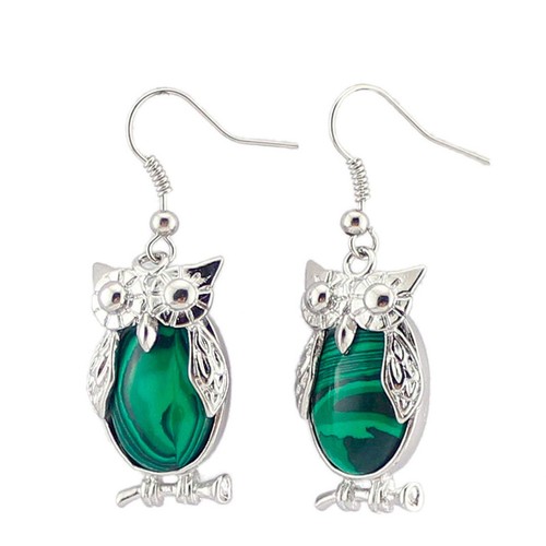 New Handmade Jewelry Green Malachite Gems Silver Owl Hook Earrings - Picture 5 of 6