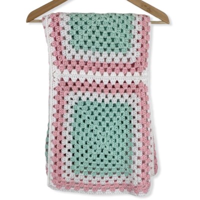 Afghan Blanket Granny Squares Throw Pastel Pink Green White Crochet 55x43 Decor