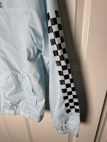 Vans Hooded Windbreaker Jacket Full Zip-Up Light Blue Checkered Design Sz Small - Picture 2 of 8