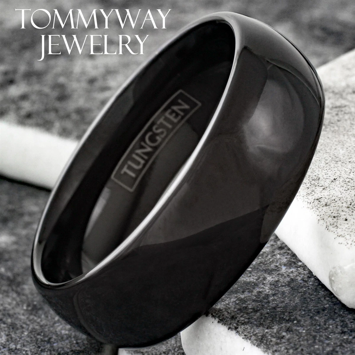 6 8mm Tungsten Carbide Polished Black Plain Domed Comfort Fit Wedding Band Ring