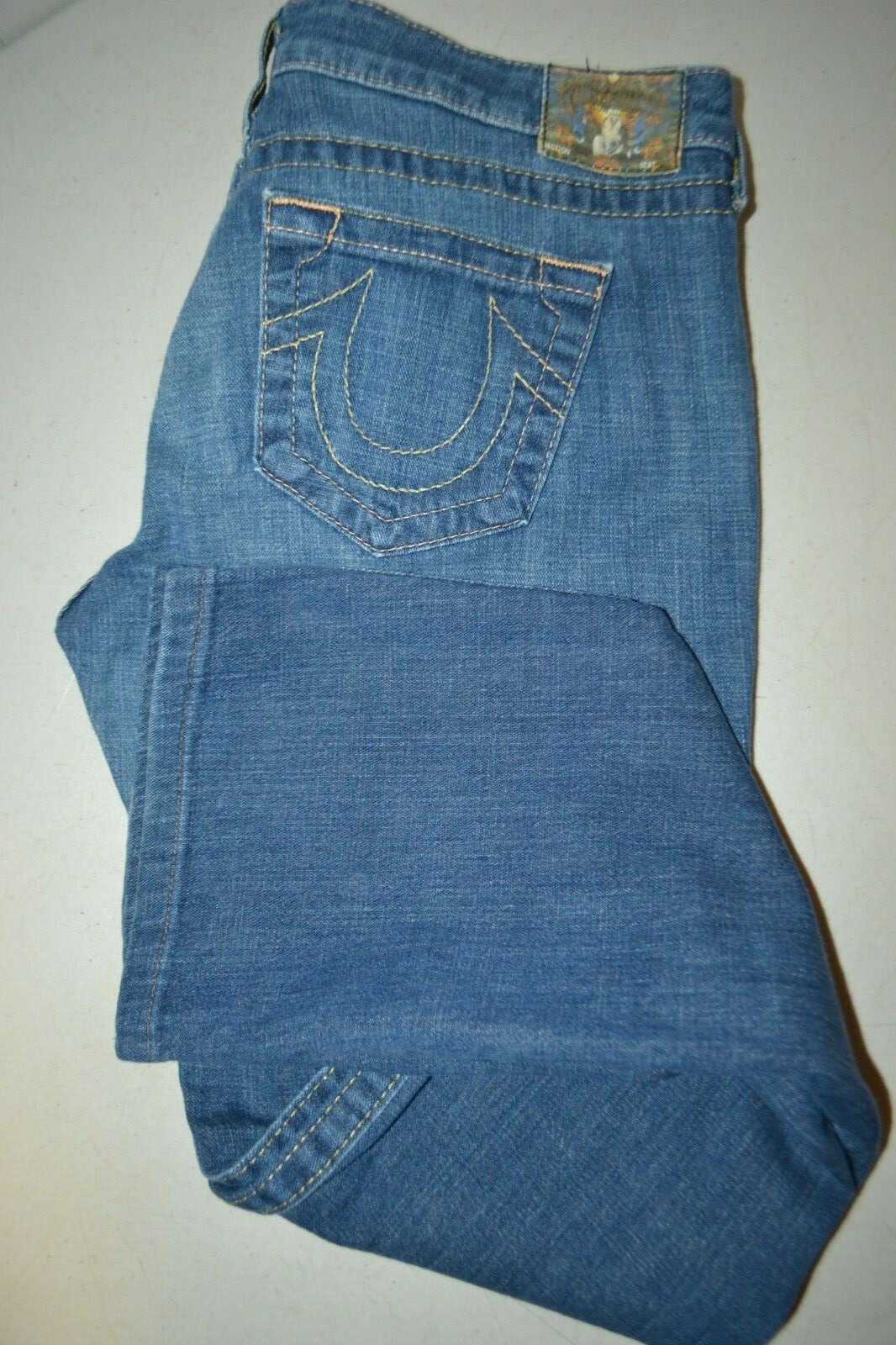 True Religion Women's Straight No Pocket Flaps Blue Denim Jeans Sz 32x30
