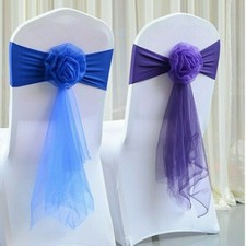 10PCS Chair Cover Sash Bow Spandex Stretch Tulle Flower Band Wedding