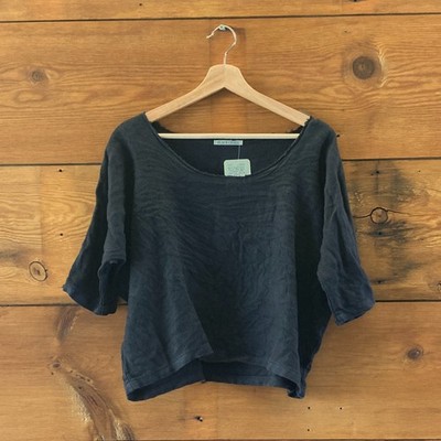 Black Crane Short Sleeve Wide Neck Oversized 100% Linen Top - Size S - 0106KA