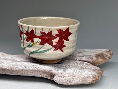 Tea Bowl Tea Cup Matcha Chawan Momiji Maple Leaves Kyo Ware Signed Japan Vintage