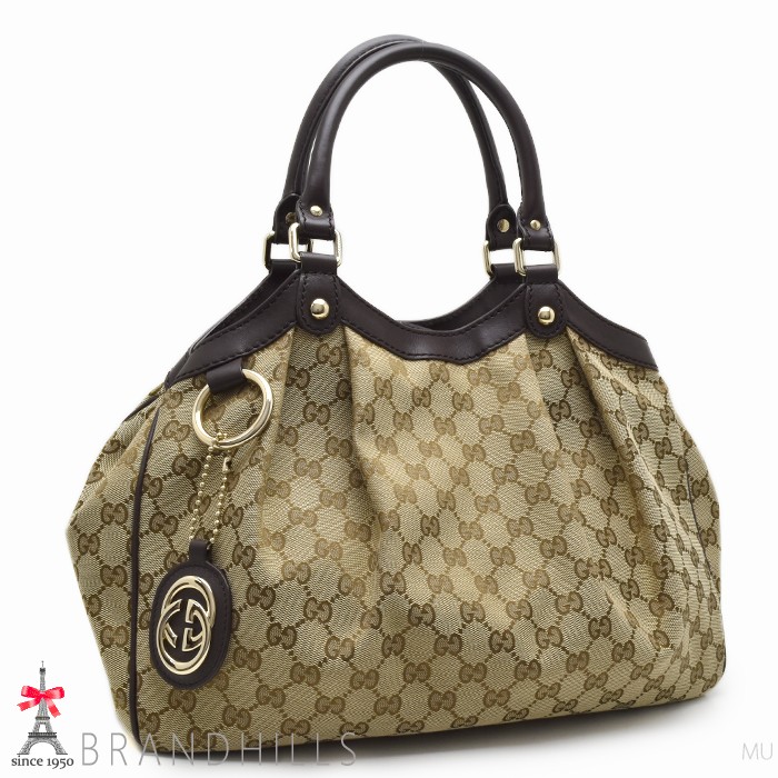 Gucci Sookie GG Canvas Leather Tote Bag in Beige Dark Brown 211944
