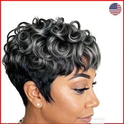 Short Curly Pixie Wig in Black Grey - Perfect for Cosplay and Everyday Use
