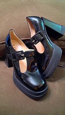 LONZA Black Patent Leather Mary Jane Ankle Strap Buckle Heels Size 39 US 8