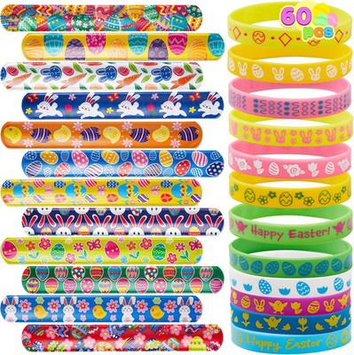 60pcs Easter Slap Bracelets & Silicone Wristbands Egg Filler Party Favors
