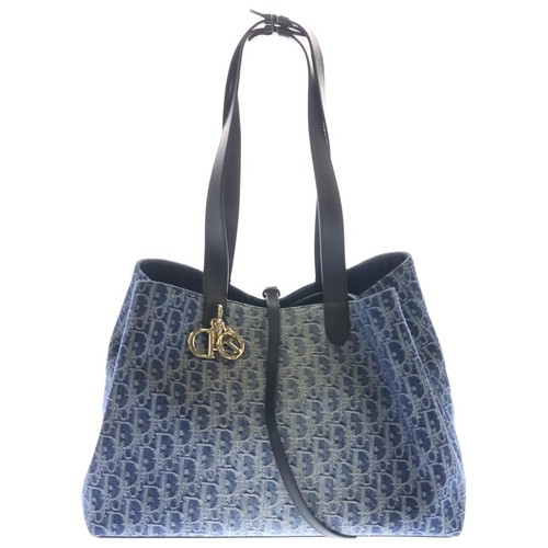 Christian Dior Trousseau Medium Denim Leather Tote Bag Gold Hardware Blue