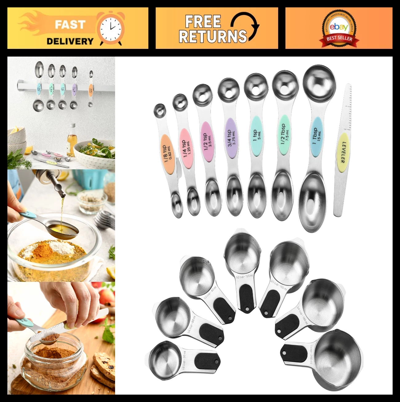 Magnetic Measuring Spoons & Cups Set - 15-Piece Pastel & Stainless Steel Bundle