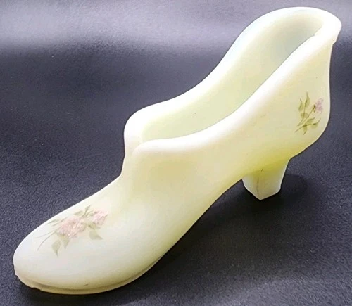Vintage Fenton Satin Custard Uranium Glass Slipper Shoe With Floral Art;  Signed