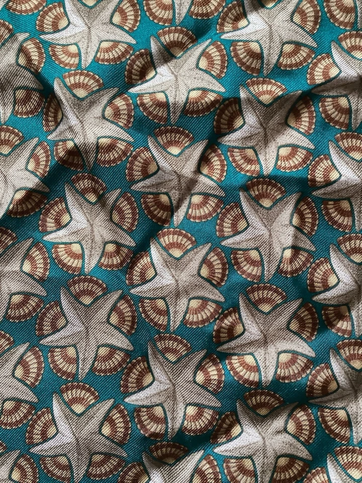 Bespoke Teal / Green Starfish Printed Handkerchief,100% Silk Hand Rolled,MINT - Image 3 of 3