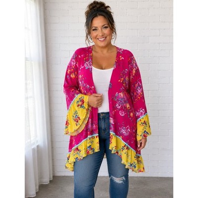 The Pioneer Woman Floral Kimono Cardigan Pink Yellow Open Front XXL 2X 3X Boho