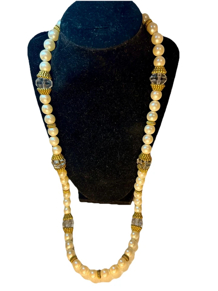 复古项链服装珠宝首饰水晶人造珍珠白色股金色 31 英寸 — 第 2/4 张图片