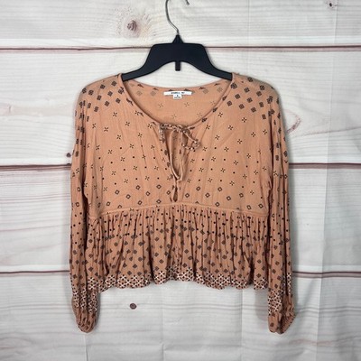 O'Neil Top Women S Orange Peplum Crop Blouse Keyhole Neck Boho Long Sleeve Woven