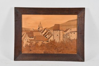 Q39E88 Wood Inlaid Picture View Riquewihr Alsace Signed