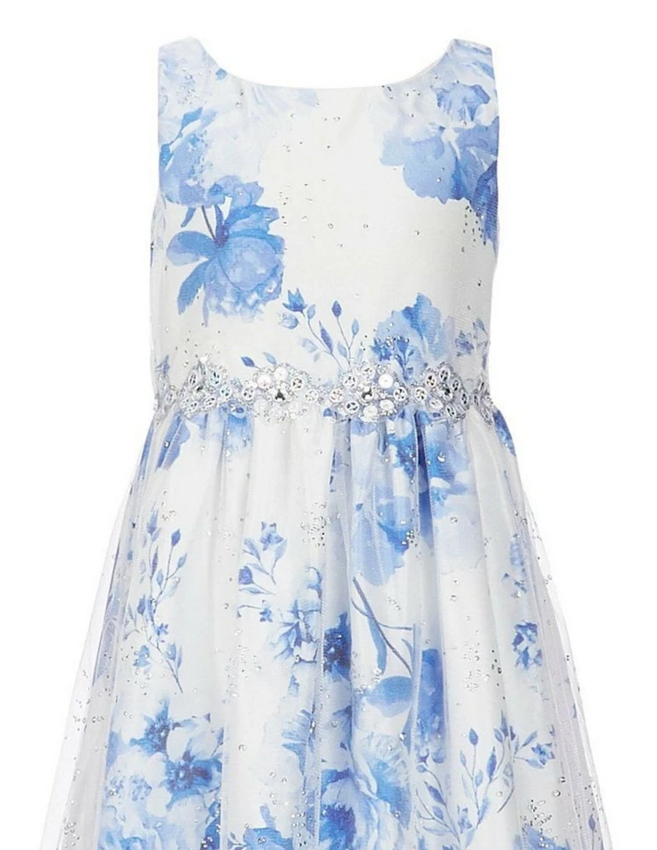Vestido fantasioso azul lindo sobreposição cintilante de menina grande estampa floral - 12 ou 14 - Imagem 2 de 4