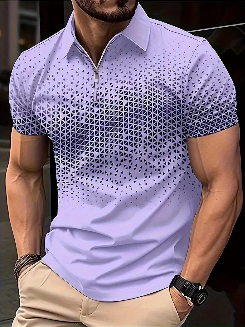 Men Zippered Geometric Pattern Golf Shirt Versatile Comfortable T-Shirt Purple