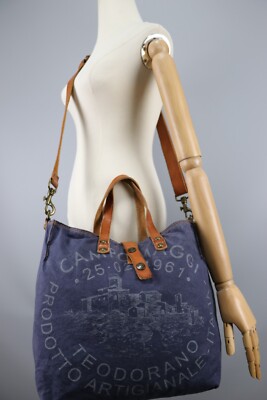 CAMPOMAGGI Navy Canvas/Brown Leather Crossbody Messenger Shoulder