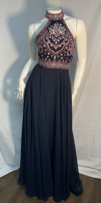 LOVIERA NAVY FORMAL HALTER STYLE EMBROIDERED SIZE 0