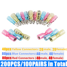 200PCS 10-22AWG Insulated Solder Seal Female / Male Bullet Terminals Connector