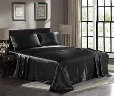 Twin Size Black Satin Bed Sheet Set Super Soft 1800 Microfiber Wrinkle Fade