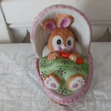 1979 Vintage Porcelain Russ Berrie & Co. Baby Rabbit In Cradle Cute Blue Eyes
