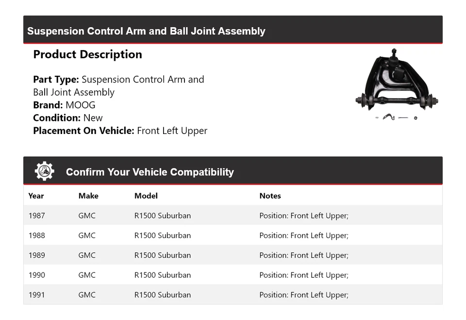 Brazo de control delantero izquierdo superior MOOG 1987-1991 GMC R1500 Suburban 1987-1991 Foto 2 de 4